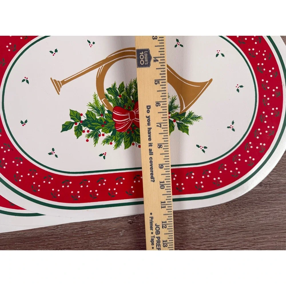 Vintage Kmart Christmas Placemats Set of 6 Oval French Horn Holly Red Green Gold